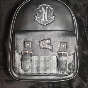Wednesday Addams Family Nevermore Academy Black Faux Leather Mini Backpack